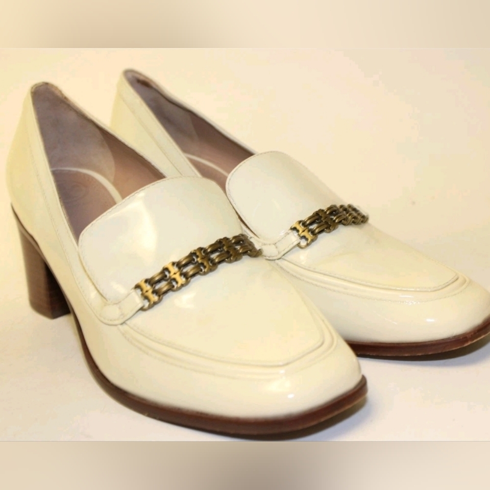 Tory Burch Gemini Link Womens 6.5 M Ivory Patent Leather Loafers Heels - Picture 5 of 12